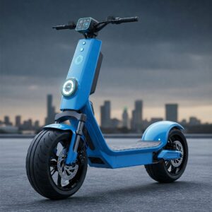 "Stylized image of a powerful electric scooter long range designed for extended range and efficient energy use."