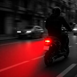  "Graphic highlighting the high visibility of electric scooter lights for rear traffic."