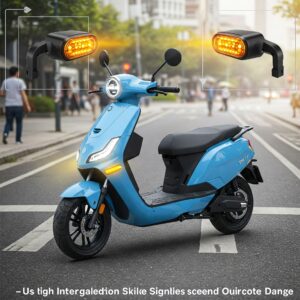 "Illustration of an electric scooter with integrated turn signal electric scooter lights for safe lane changes."