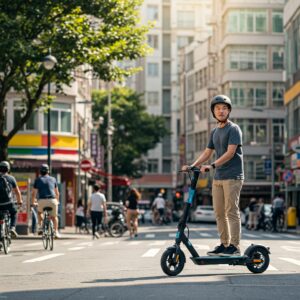 Street Legal Electric Scooter rider commuting through a vibrant city street, emphasizing eco-friendly transportation.