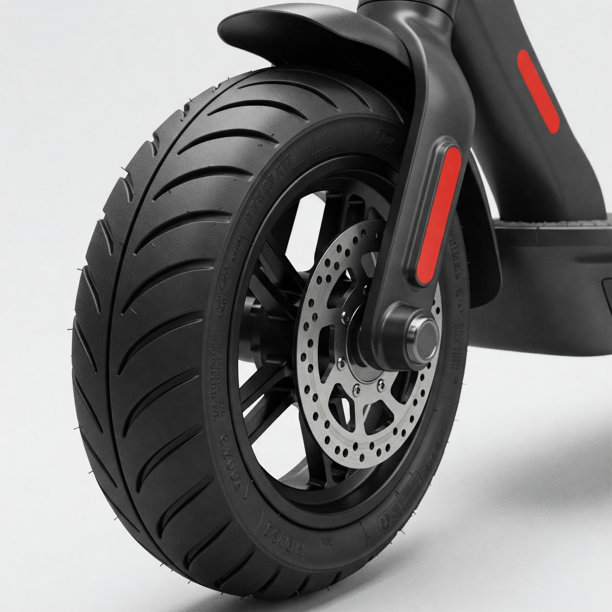 Close-up view of an electric scooter wheel, highlighting its tire tread and rim details.