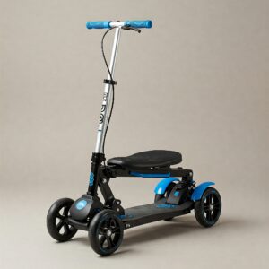 Compact and portable foldable 3 wheeled scooter for easy storage.