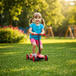 A cheerful child enjoying the fun of riding their new 3 wheel childs scooter in a park.