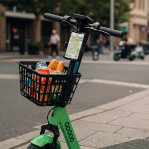 Gogo electric scooter equipped with practical accessories like a front basket and phone holder, demonstrating its versatility.