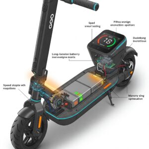 Close-up illustration highlighting the key features of the gogo electric scooter, such as its long-lasting battery and digital display.