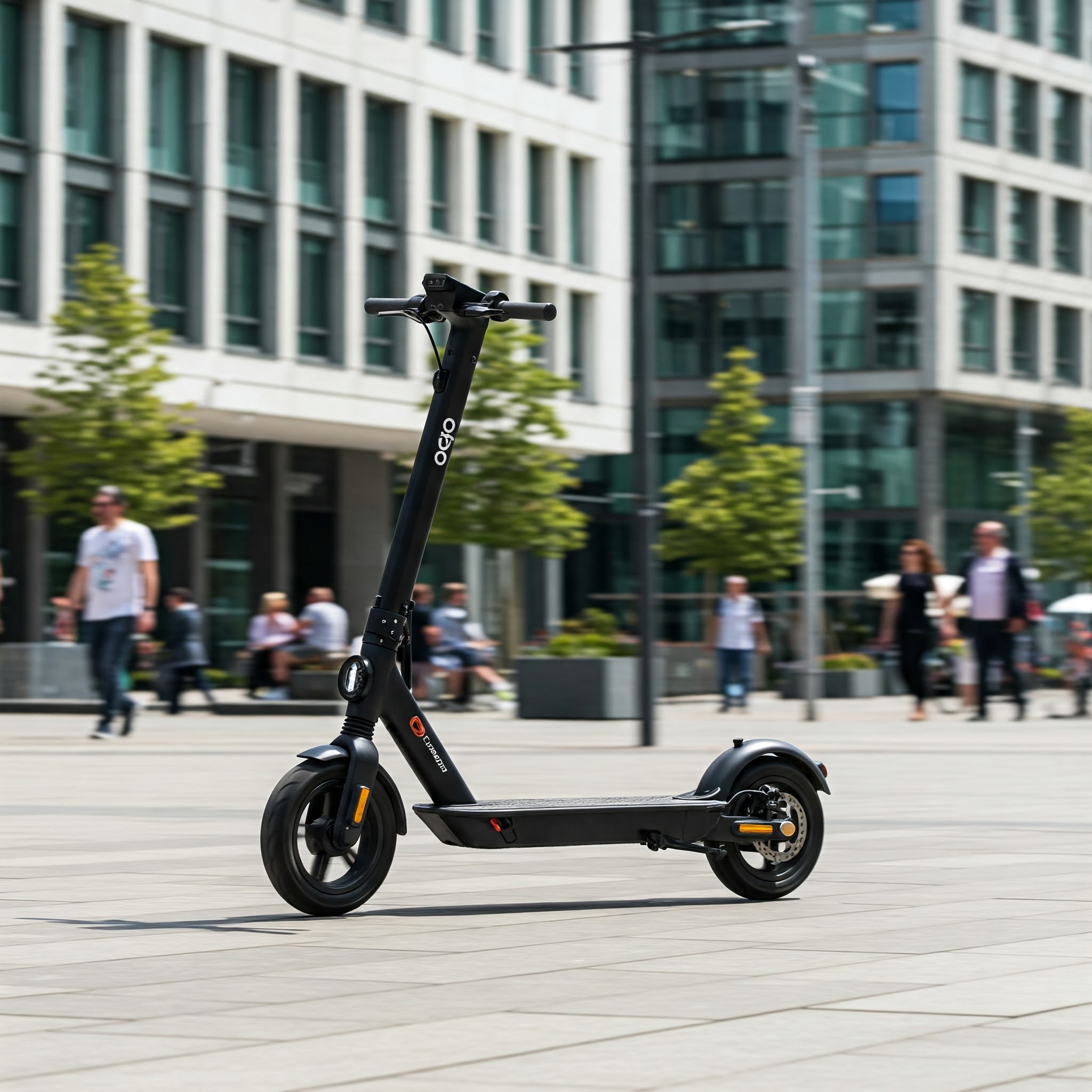 Sleek gogo electric scooter navigating a modern city street, highlighting its stylish design and urban mobility.