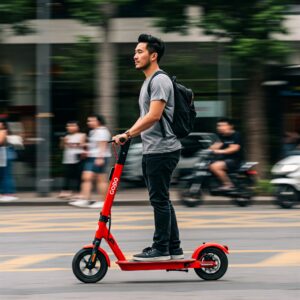 Person easily commuting to work on a gogo electric scooter, emphasizing its convenience for urban travel.