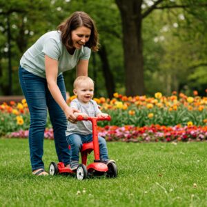 A toddler learning to ride a 3 wheel childs scooter with the help of a parent.