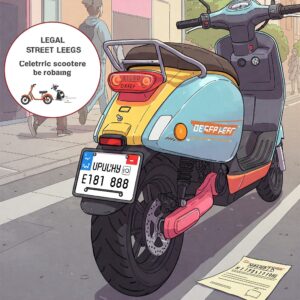 Street Legal Electric Scooter illustration emphasizing legal compliance, showing a license plate or relevant documents.
