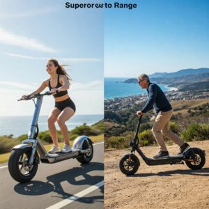 "Comparison illustrating the superior range of a electric scooter long range compared to a standard model."
