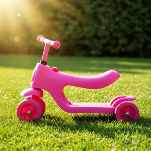 A vibrant pink 3 wheel childs scooter parked on a grassy lawn.