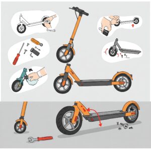 Illustration of the process of replacing an electric scooter wheel on an electric scooter.