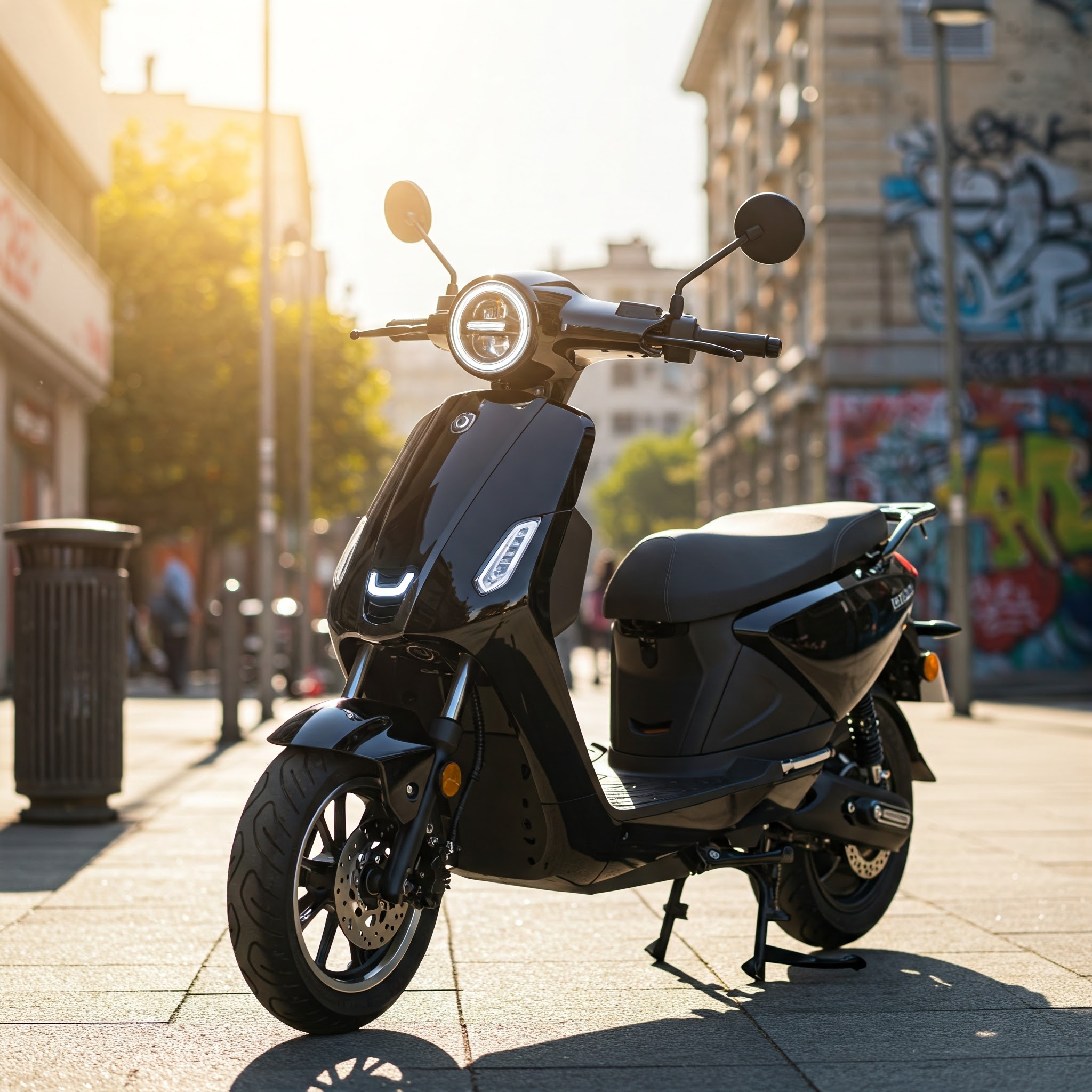 Street Legal Electric Scooter parked on a city sidewalk, highlighting its modern design and urban mobility appeal.