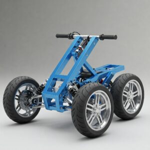 Detailed view of the stable three-wheel design of a scooter.