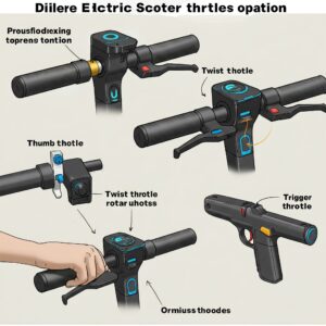 Different types of electric scooter throttles: thumb, twist, and trigger.