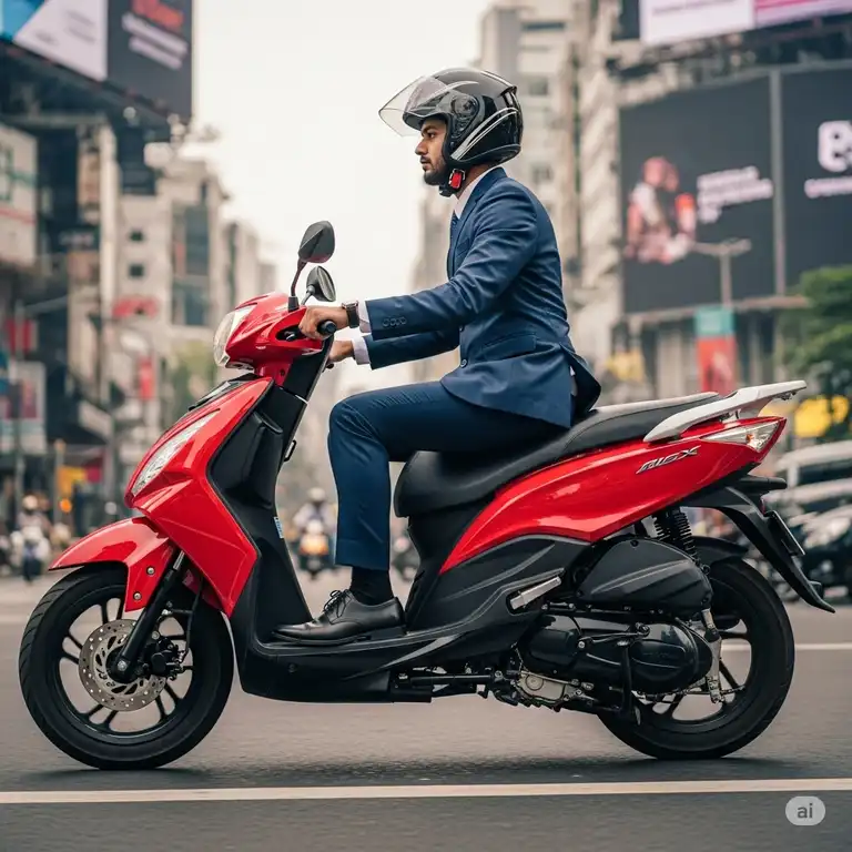 Adult riding a modern gas scooter on a city street, commuting to work