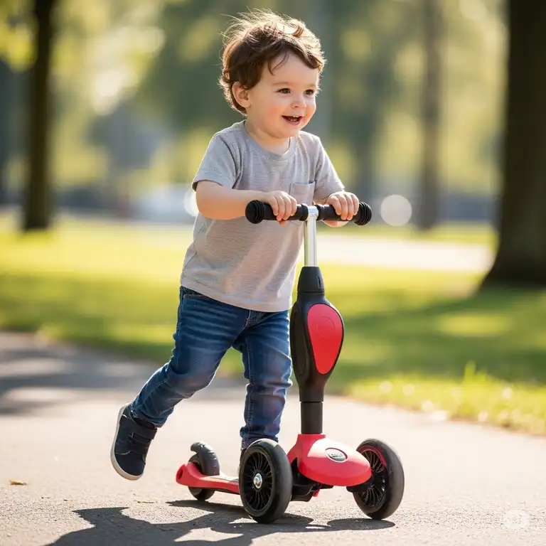 A happy two-year-old riding a red three-wheeled scooter, showcasing the best scooter for 2 year old learning to balance.
