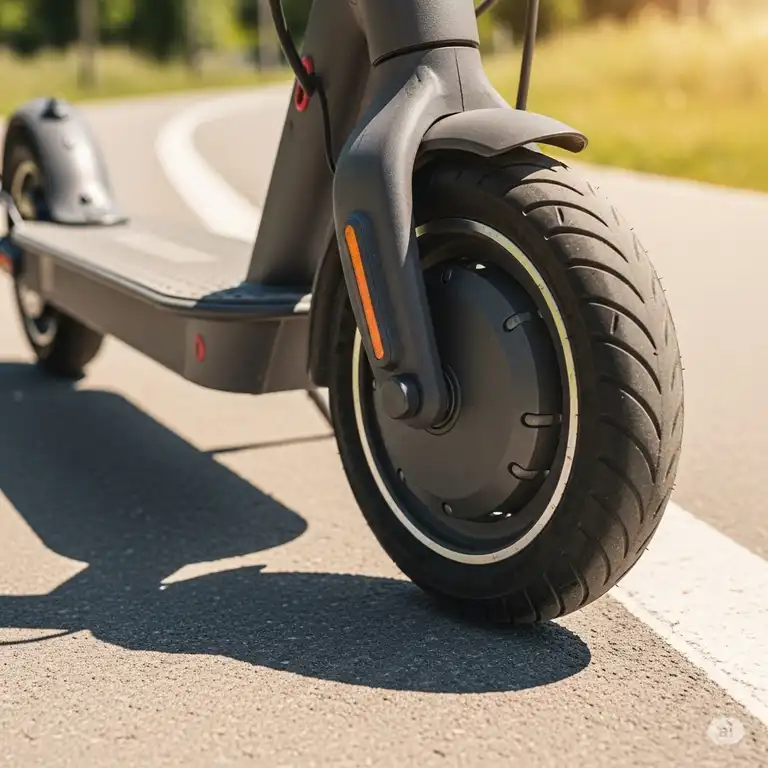 Close-up of durable electric scooter wheels on a paved path, showcasing their robust design and integrated motor for smooth urban commuting.