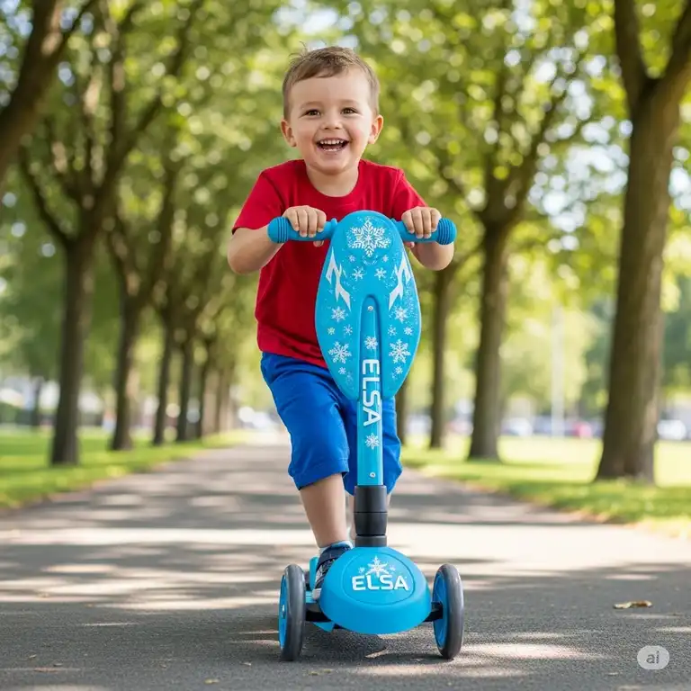 A child riding an Elsa scooter with sparkling snowflakes and "Elsa" branding.