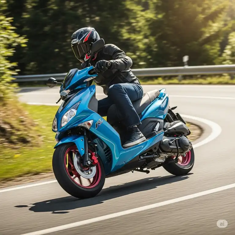 A sleek, modern 50cc scooter designed for performance, depicted in motion on a winding road, illustrating the concept of the fastest 50cc scooter.