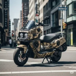 A tank scooter motorcycle, showcasing its unique design and robust build, parked on a city street.