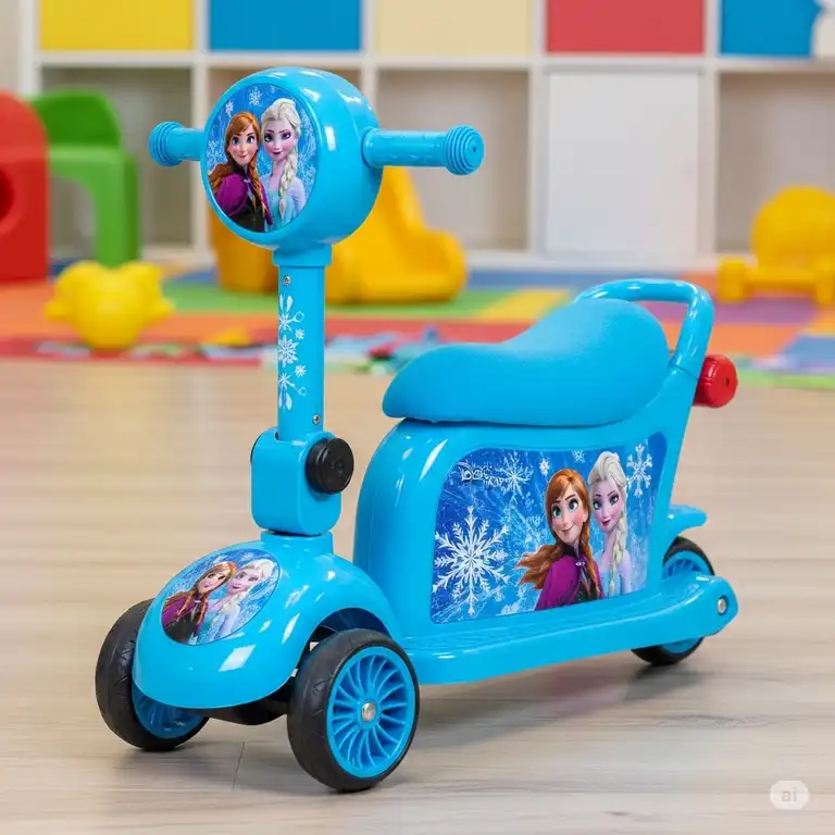 A vibrant blue Disney Frozen scooter, perfect for young children, featuring Elsa and Anna.