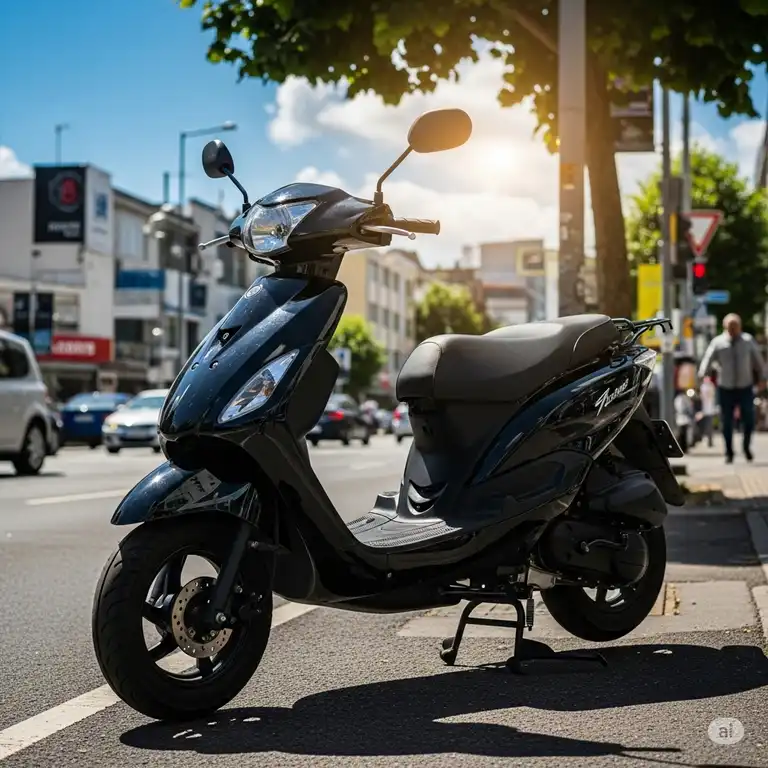 A sleek, black gas 50cc scooter parked on a city street, ready for an efficient commute or enjoyable ride.