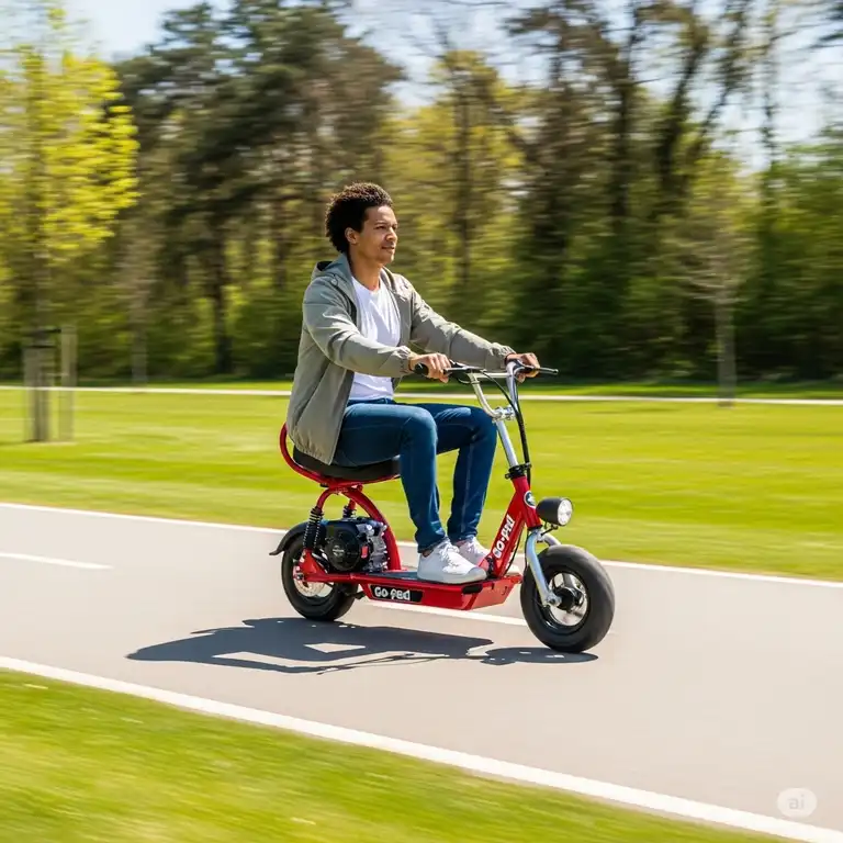 A person riding a red gas scooter goped down a paved path, showcasing its compact design and fun, open-air experience.