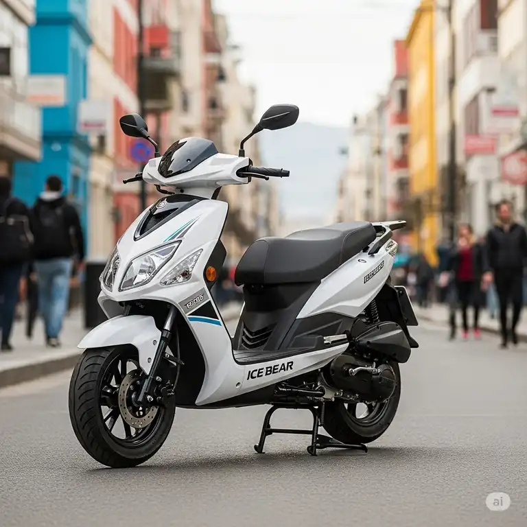 Ice bear scooter 150cc parked on a city street, showcasing its sleek design and powerful engine, perfect for daily commutes and urban adventures.