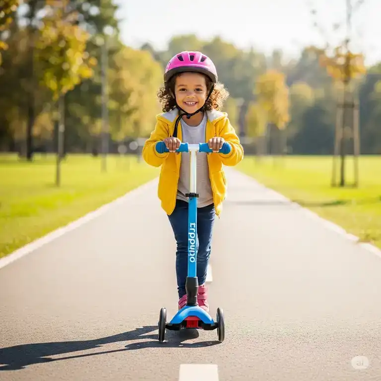 A child happily riding a blue kickboard scooter on a paved path, demonstrating its stability and ease of use.