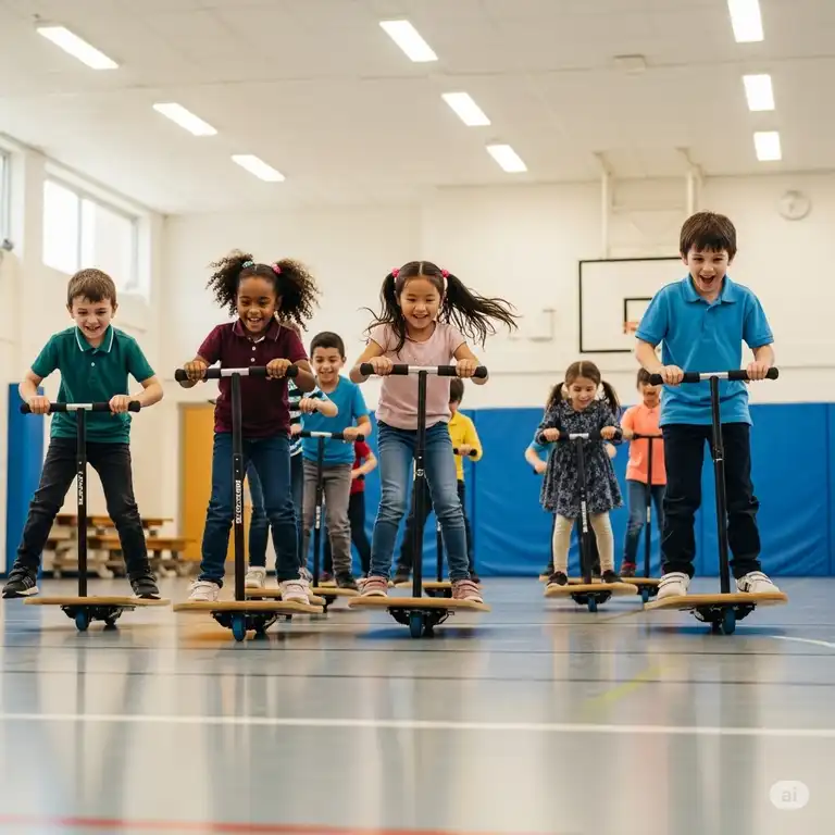 Group of children laughing and playing on scooter boards in a school gym, demonstrating active play and core strengthening.