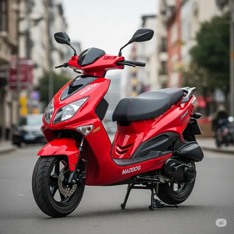 A vibrant red maddog scooter parked on a city street, showcasing its unique design and sporty appeal. Perfect for urban commuting and stylish rides.