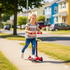 A child joyfully riding a red micro mini scooter on a sunny sidewalk, showcasing its compact design and easy maneuverability.