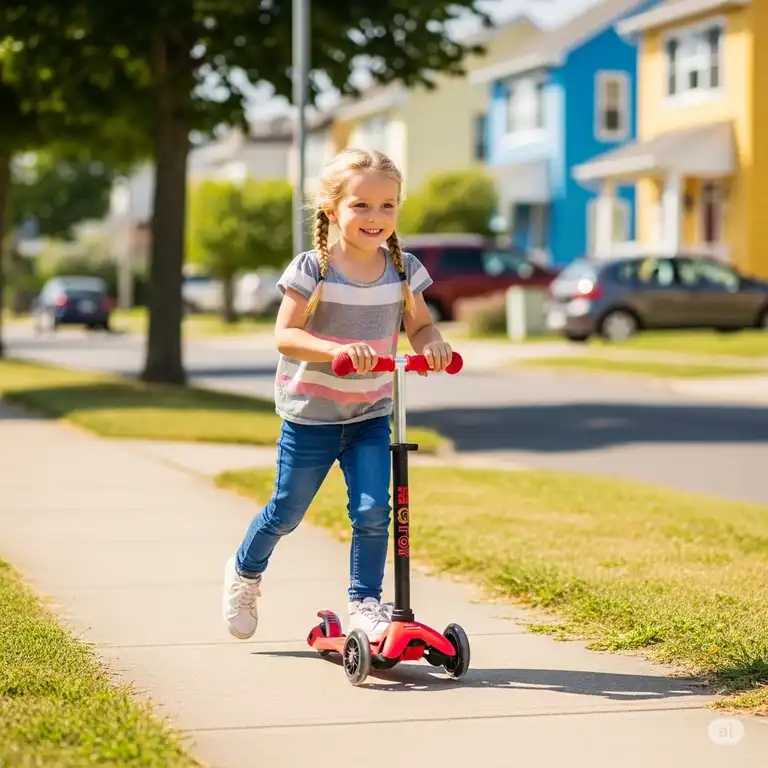 A child joyfully riding a red micro mini scooter on a sunny sidewalk, showcasing its compact design and easy maneuverability.