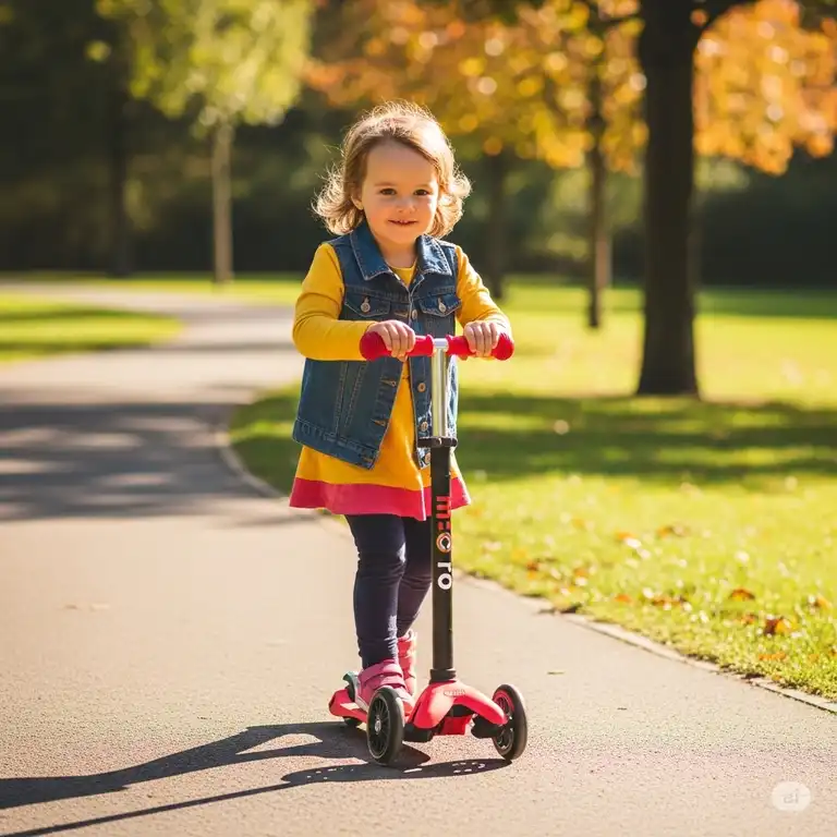 A child joyfully riding a red Micro Mini scooter on a sunny park path, demonstrating its stability and easy maneuverability for young riders.