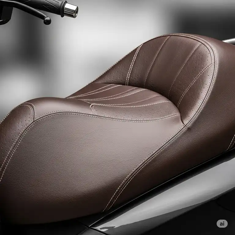 Close-up view of a comfortable, ergonomically designed motor scooter seat, highlighting its padded surface and sleek stitching for enhanced rider comfort.