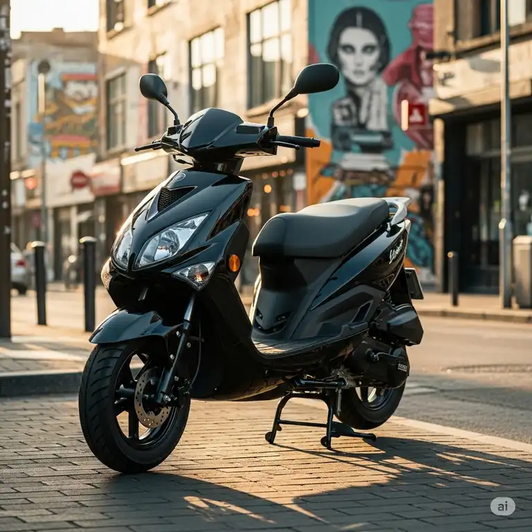 A sleek, modern scooter moped 50cc parked on a city street, ready for an urban commute.