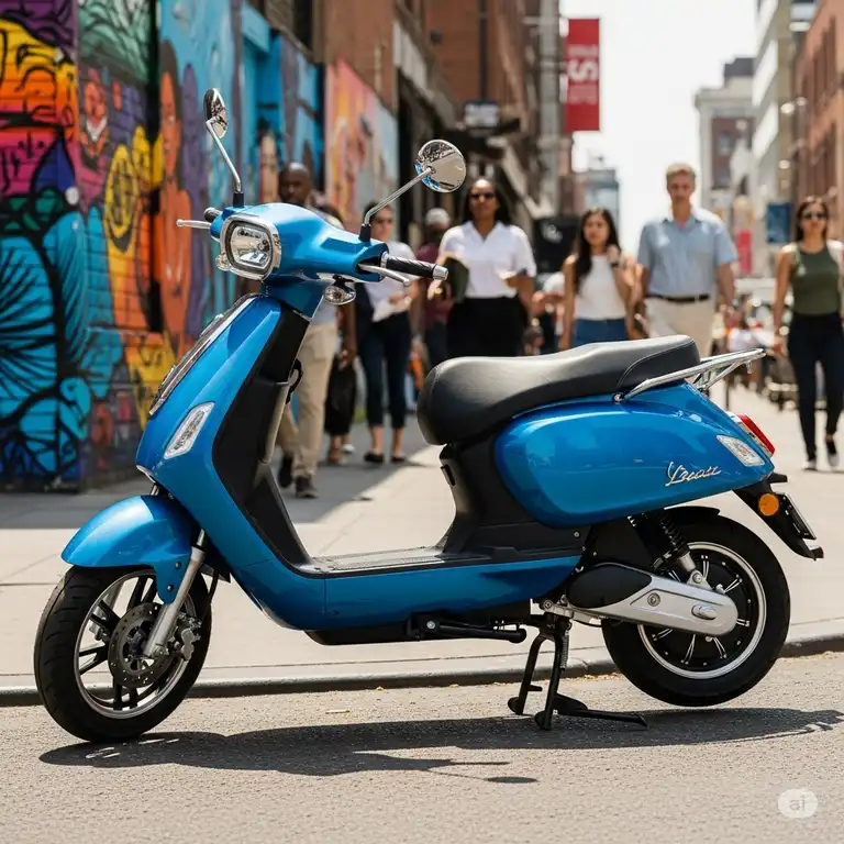 A sleek, modern scooter with a comfortable black seat, parked on a city street, ready for a ride.