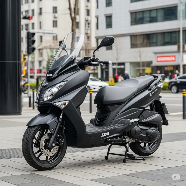 A sleek, modern SYM scooter parked on a city street, ready for an urban commute. This image showcases the design and practicality of the SYM scooter.