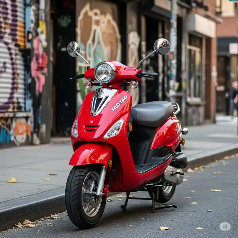 A sleek red Tao Tao 49cc scooter parked on a city street, showcasing its compact design and modern features.