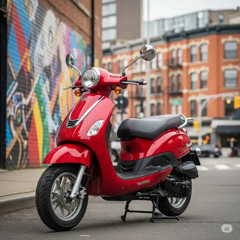Sleek red taotao 150cc scooter parked on a city street, ready for comfortable daily commuting.