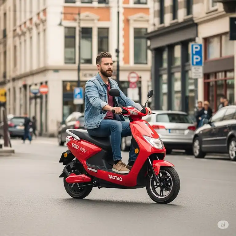 Man riding a red TaoTao 48V scooter on a city street, showcasing its compact design and comfortable seating.