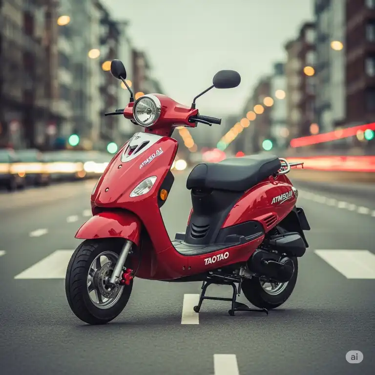 Red TaoTao ATM50-A1 scooter parked on a city street, showcasing its compact design and classic style.