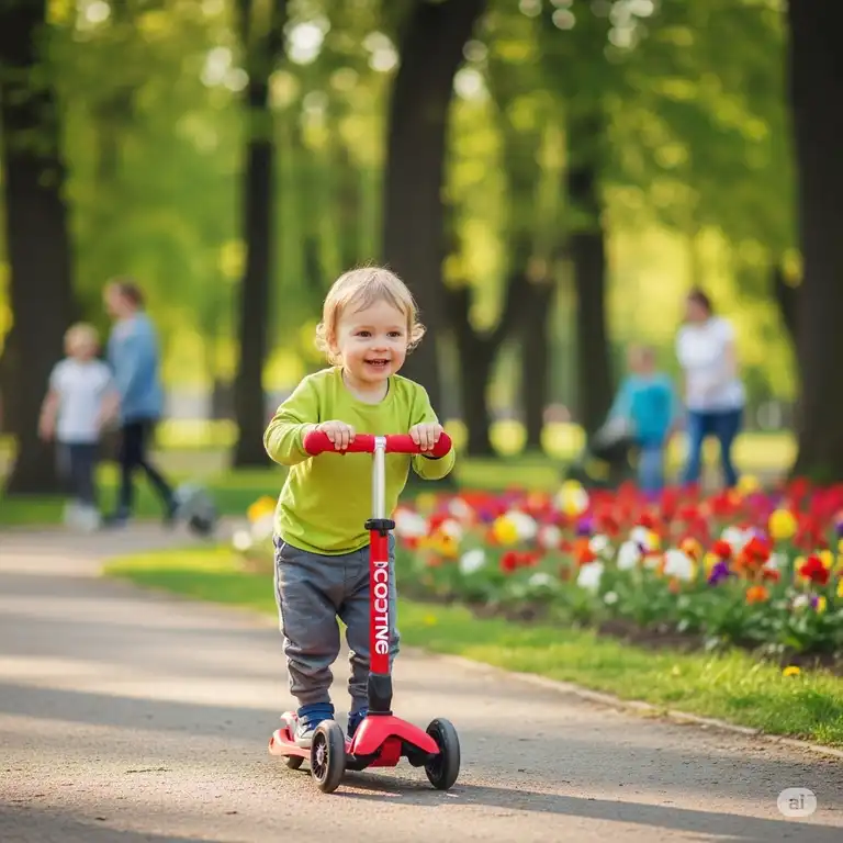 Happy 2-year-old toddler confidently riding a bright red three-wheel scooter for 2 year old in a park, learning balance and coordination.