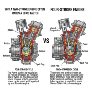 An infographic visually comparing the internal mechanisms of a two-stroke engine and a four-stroke engine, highlighting why two-stroke engines often contribute to a fastest 50cc scooter.