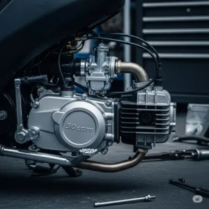 Detailed view of a compact and reliable gas 50cc scooter engine, highlighting its fuel efficiency.