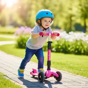A delighted two-year-old on their first scooter ride, demonstrating the stability of a three-wheeled scooter, ideal for toddlers. This is a great example of the best scooter for 2 year old for ease of use.