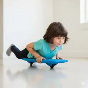 Young child on a scooter board in a prone position, propelling themselves across a smooth floor, ideal for developing upper body strength and coordination.