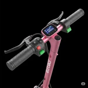 Close-up view of the electric motor and battery of an electric pink scooter, emphasizing its power source.