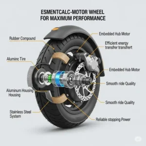 Diagram illustrating the key components of electric scooter wheels, including the tire, hub motor, and disc brake for optimal performance.